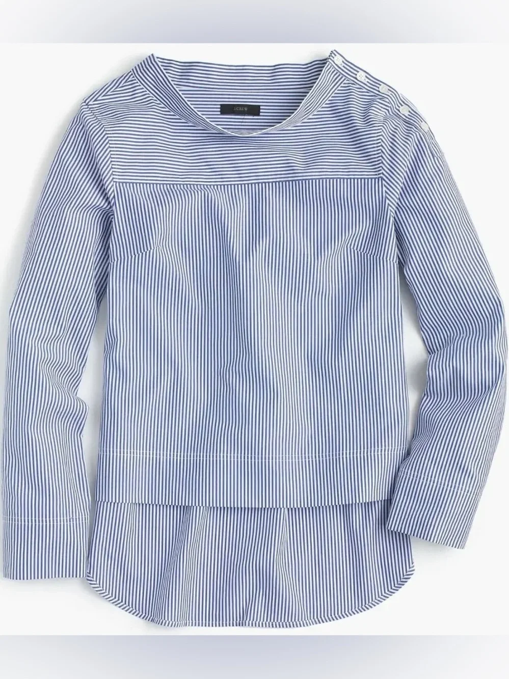 J. Crew Funnelneck Striped Shirt Blue White Button Shoulder Poplin G9944 Size 2